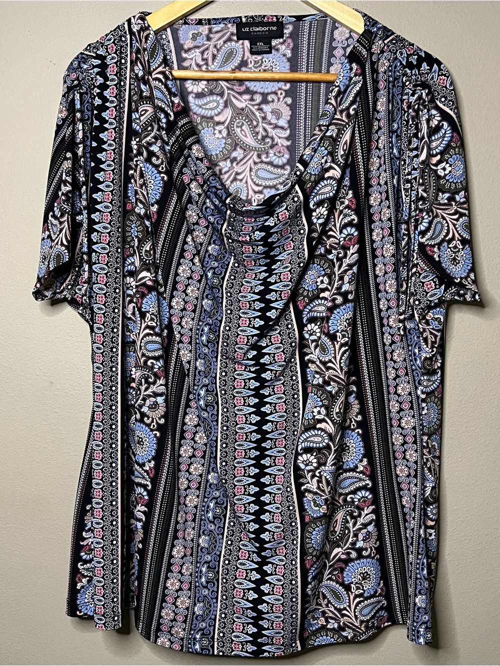 Liz Claiborne Short Sleeve Drape Neck Blouse Women XXL Pink Blue Paisley Floral